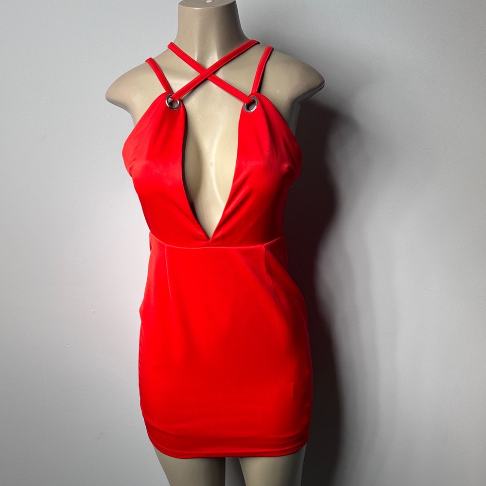 Rare London Orange Plunge Ring-Detail Mini Dress